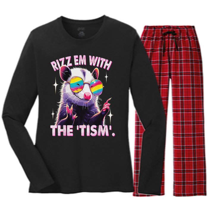 Autism Funny Rizz Em With The Tism Meme Autistic Racoon Women's Long Sleeve Flannel Pajama Set 