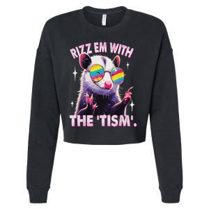 Autism Funny Rizz Em With The Tism Meme Autistic Racoon Cropped Pullover Crew