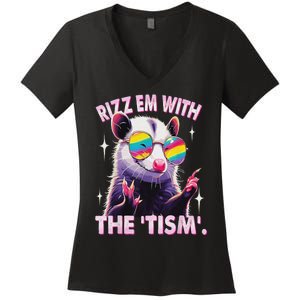 Autism Funny Rizz Em With The Tism Meme Autistic Racoon Women's V-Neck T-Shirt