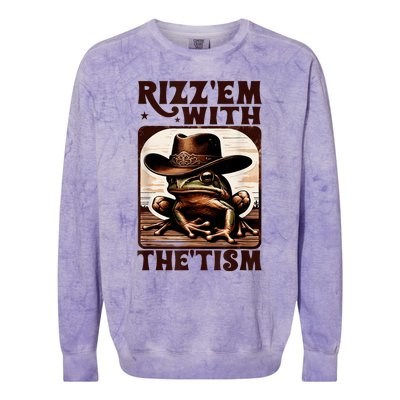 Autism Funny Rizz Em With The Tism Meme Autistic Frog Cowboy Colorblast Crewneck Sweatshirt