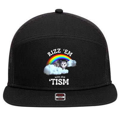 Autism Funny Rizz Em With The Tism Meme Autistic Opossum 7 Panel Mesh Trucker Snapback Hat