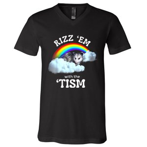 Autism Funny Rizz Em With The Tism Meme Autistic Opossum V-Neck T-Shirt