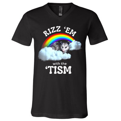Autism Funny Rizz Em With The Tism Meme Autistic Opossum V-Neck T-Shirt