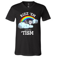 Autism Funny Rizz Em With The Tism Meme Autistic Opossum V-Neck T-Shirt