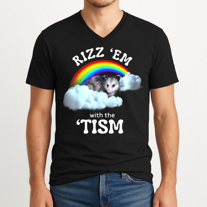 Autism Funny Rizz Em With The Tism Meme Autistic Opossum V-Neck T-Shirt