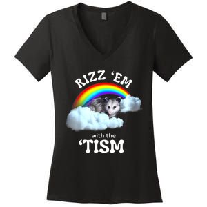 Autism Funny Rizz Em With The Tism Meme Autistic Opossum Women's V-Neck T-Shirt