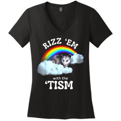 Autism Funny Rizz Em With The Tism Meme Autistic Opossum Women's V-Neck T-Shirt
