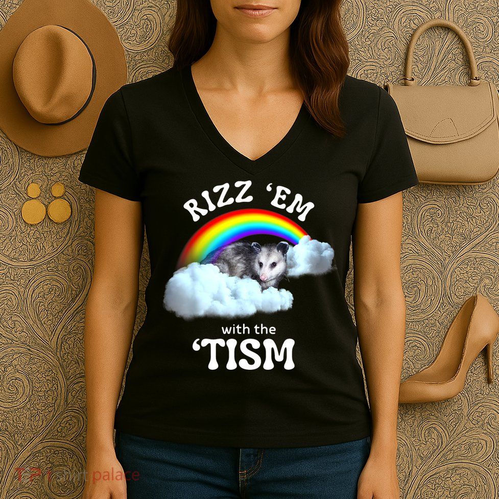 Autism Funny Rizz Em With The Tism Meme Autistic Opossum Women's V-Neck T-Shirt