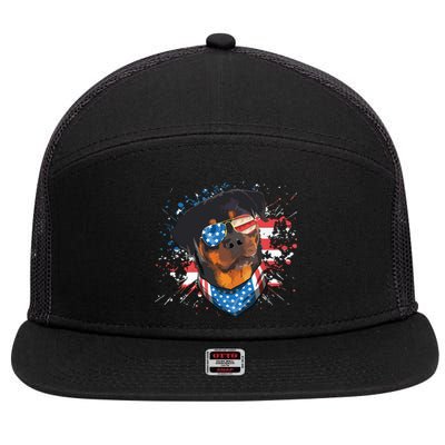 American Flag Rottweiler Dog Lover Funny 4th Of July Dog 7 Panel Mesh Trucker Snapback Hat