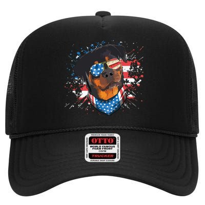 American Flag Rottweiler Dog Lover Funny 4th Of July Dog High Crown Mesh Back Trucker Hat