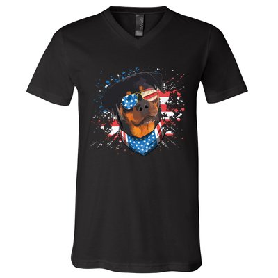 American Flag Rottweiler Dog Lover Funny 4th Of July Dog V-Neck T-Shirt