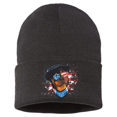 American Flag Rottweiler Dog Lover Funny 4th Of July Dog Sustainable Knit Beanie