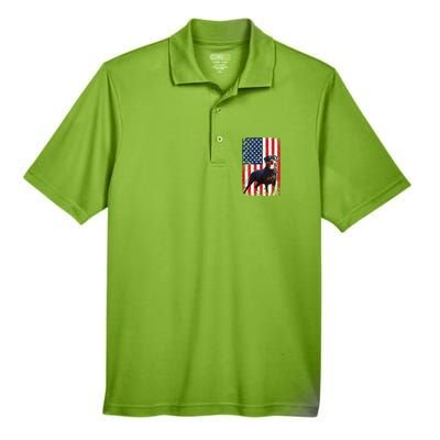 American Flag Rottweiler Dog Lover Funny 4th Of July Dog Men's Origin Performance Piqué Polo