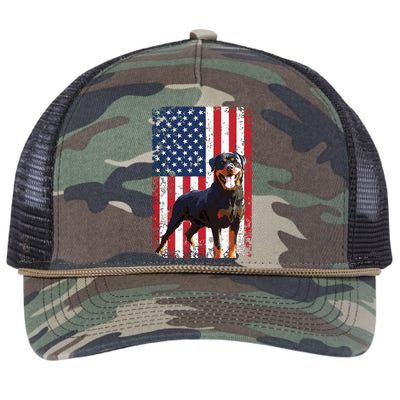 American Flag Rottweiler Dog Lover Funny 4th Of July Dog Retro Rope Trucker Hat Cap