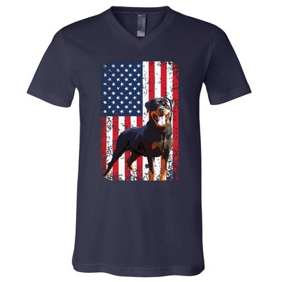 American Flag Rottweiler Dog Lover Funny 4th Of July Dog V-Neck T-Shirt