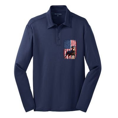 American Flag Rottweiler Dog Lover Funny 4th Of July Dog Silk Touch Performance Long Sleeve Polo