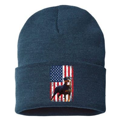 American Flag Rottweiler Dog Lover Funny 4th Of July Dog Sustainable Knit Beanie