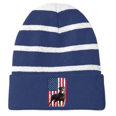 American Flag Rottweiler Dog Lover Funny 4th Of July Dog Striped Beanie with Solid Band