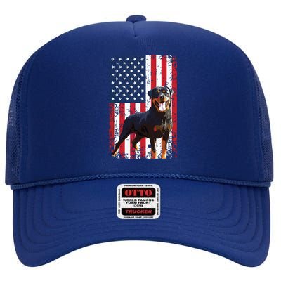 American Flag Rottweiler Dog Lover Funny 4th Of July Dog High Crown Mesh Back Trucker Hat