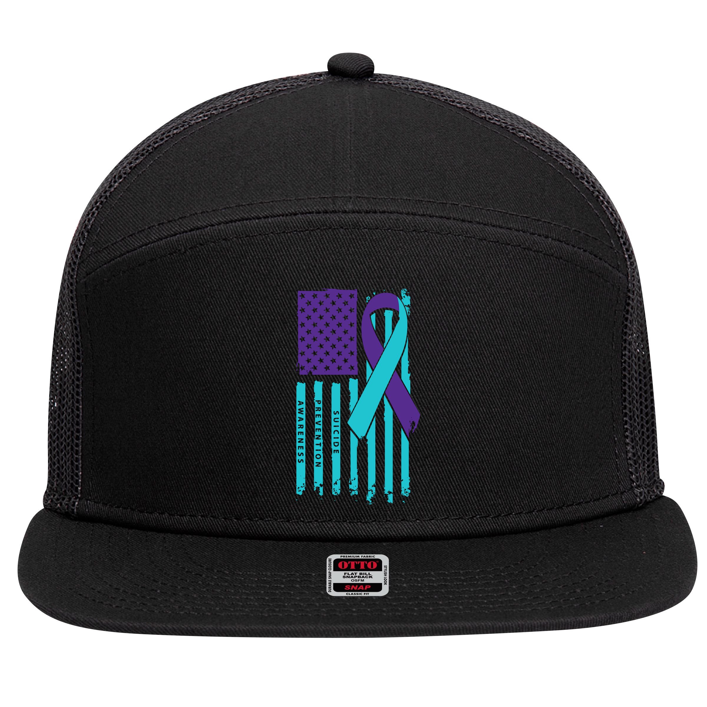 American Flag Ribbon Suicide Awareness 7 Panel Mesh Trucker Snapback Hat
