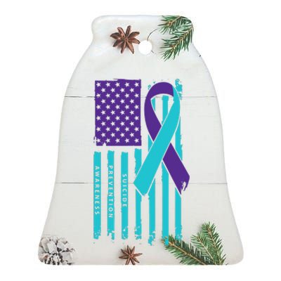 American Flag Ribbon Suicide Awareness Ceramic Bell Ornament