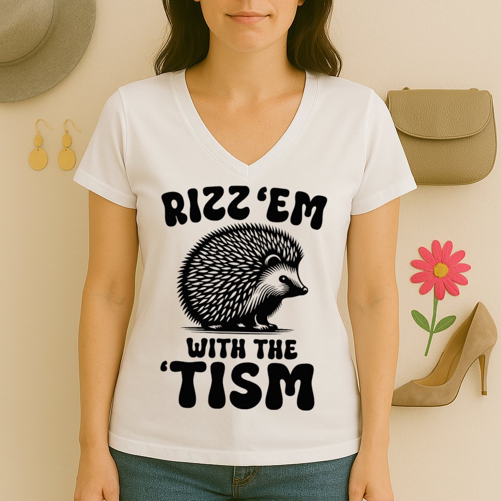 Autism Funny Rizz Em With The Tism Meme Autistic Hodgehog Women's V-Neck T-Shirt