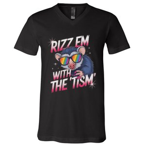 Autism Funny Rizz Em With The Tism Meme Autistic Racoon V-Neck T-Shirt