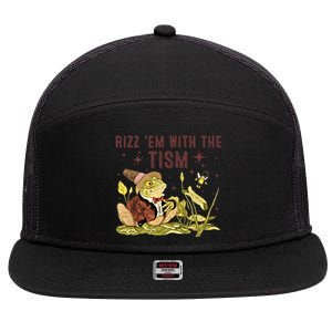 Autism Funny Rizz Em With The Tism Meme Autistic Frog Funny Gift 7 Panel Mesh Trucker Snapback Hat