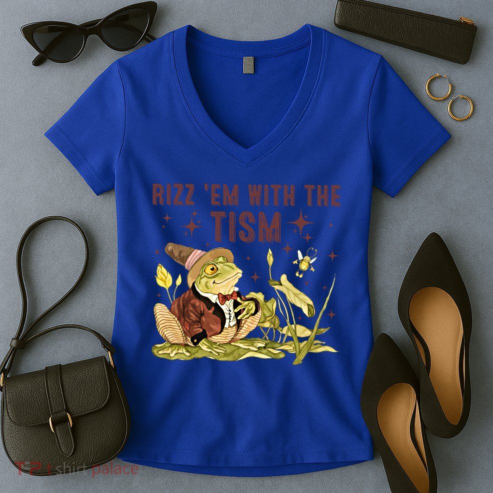 Autism Funny Rizz Em With The Tism Meme Autistic Frog Funny Gift Women's V-Neck T-Shirt