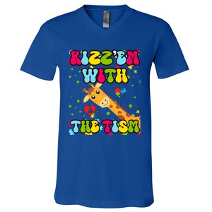 Autism Funny Rizz Em With The Tism Meme Autistic Giraffe Gift V-Neck T-Shirt