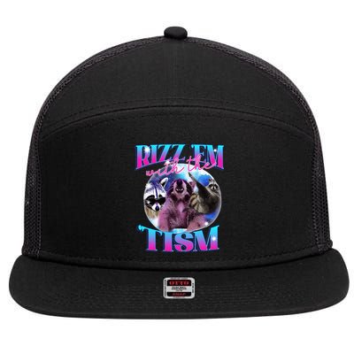 Autism Funny Rizz Em With The Tism Meme Autistic Opossum 7 Panel Mesh Trucker Snapback Hat