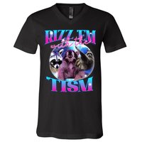 Autism Funny Rizz Em With The Tism Meme Autistic Opossum V-Neck T-Shirt