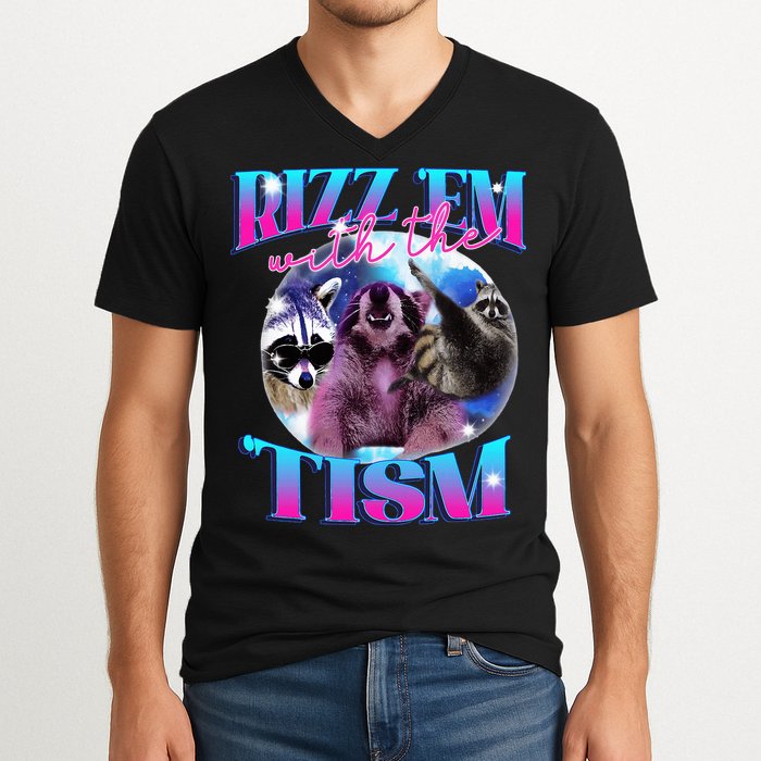 Autism Funny Rizz Em With The Tism Meme Autistic Opossum V-Neck T-Shirt