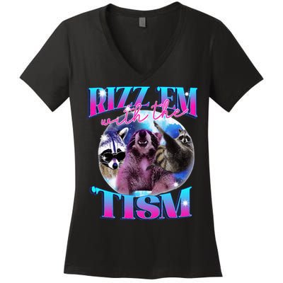 Autism Funny Rizz Em With The Tism Meme Autistic Opossum Women's V-Neck T-Shirt