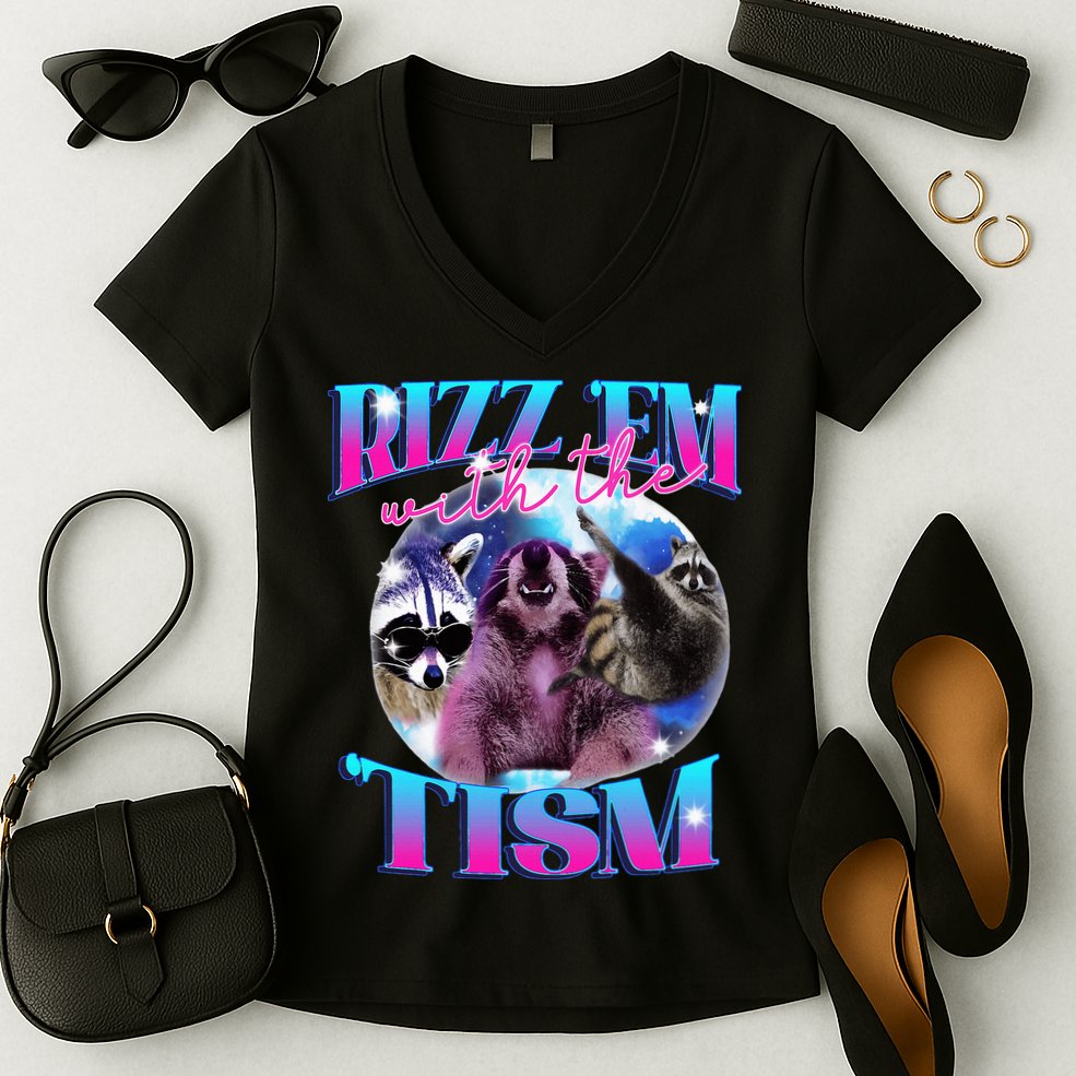 Autism Funny Rizz Em With The Tism Meme Autistic Opossum Women's V-Neck T-Shirt