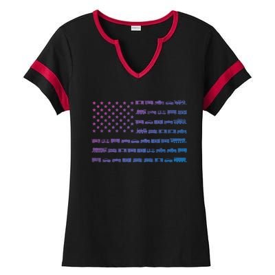 American Flag Railroad Train Conductor Gift Ladies Halftime Notch Neck Tee