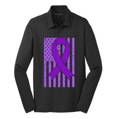 American Flag Ribbon Purple Sarcoidosis Awareness Great Gift Silk Touch Performance Long Sleeve Polo