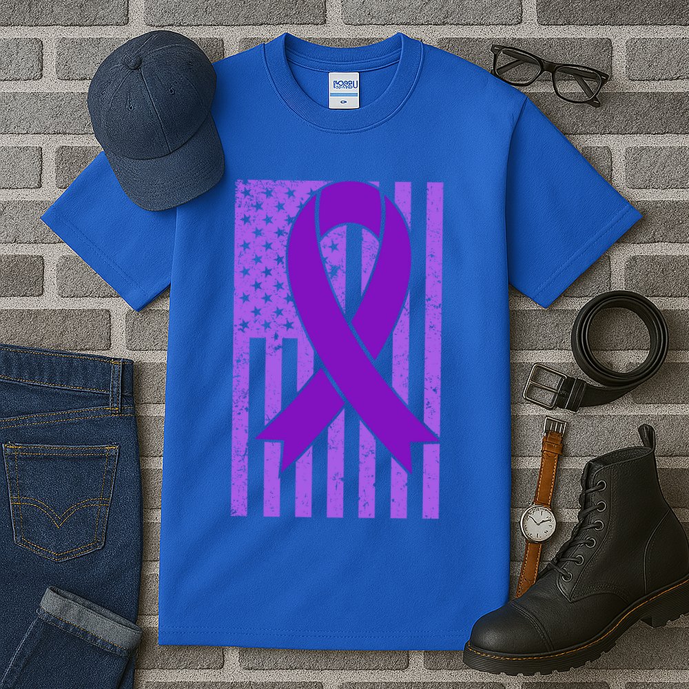 American Flag Ribbon Purple Sarcoidosis Awareness Great Gift Tall T-Shirt