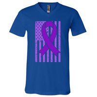 American Flag Ribbon Purple Sarcoidosis Awareness Great Gift V-Neck T-Shirt