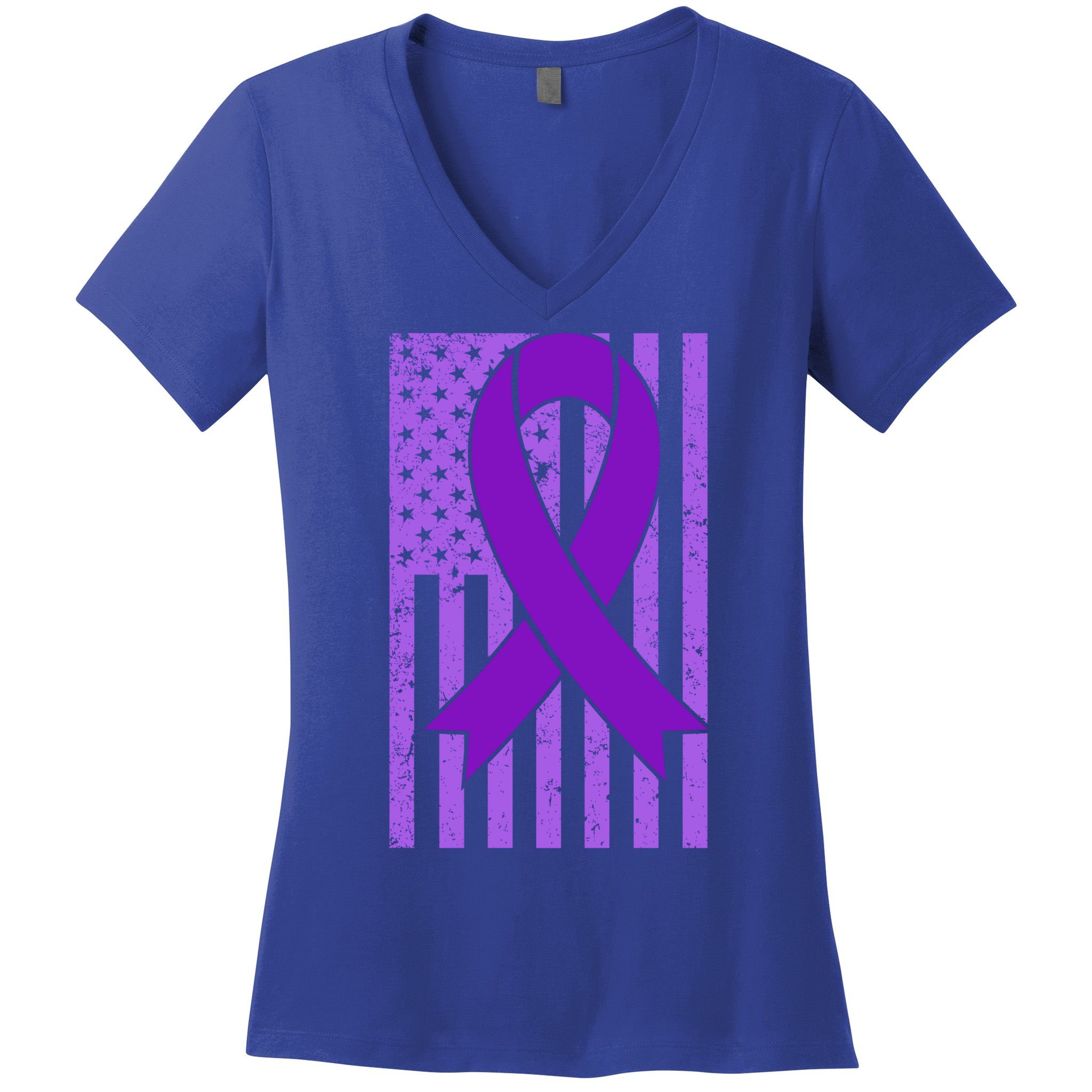 American Flag Ribbon Purple Sarcoidosis Awareness Great Gift Women's V-Neck T-Shirt