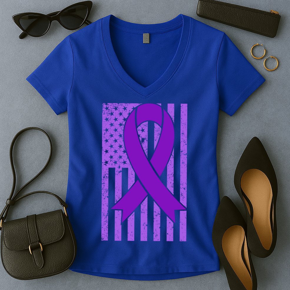 American Flag Ribbon Purple Sarcoidosis Awareness Great Gift Women's V-Neck T-Shirt