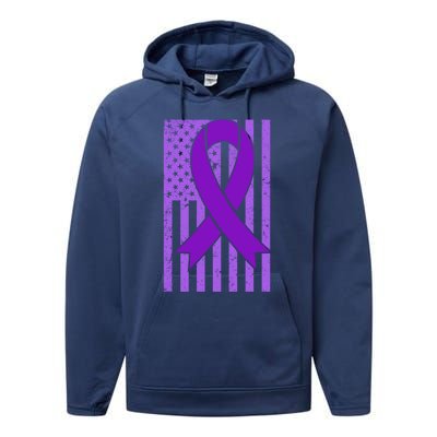 American Flag Ribbon Purple Sarcoidosis Awareness Great Gift Performance Fleece Hoodie