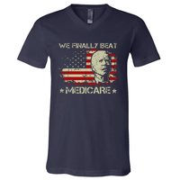 American Flag Retro We Finally Beat Medicare Funny Biden V-Neck T-Shirt