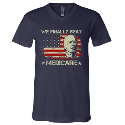 American Flag Retro We Finally Beat Medicare Funny Biden V-Neck T-Shirt