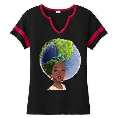 African American Afro World Earth Ladies Halftime Notch Neck Tee