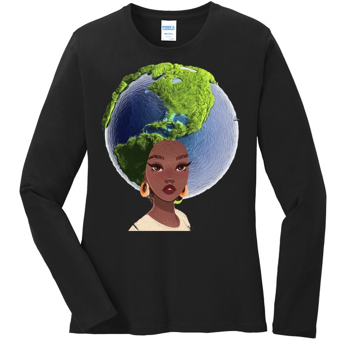 African American Afro World Earth Ladies Long Sleeve Shirt