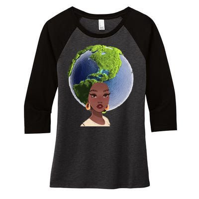 African American Afro World Earth Women's Tri-Blend 3/4-Sleeve Raglan Shirt