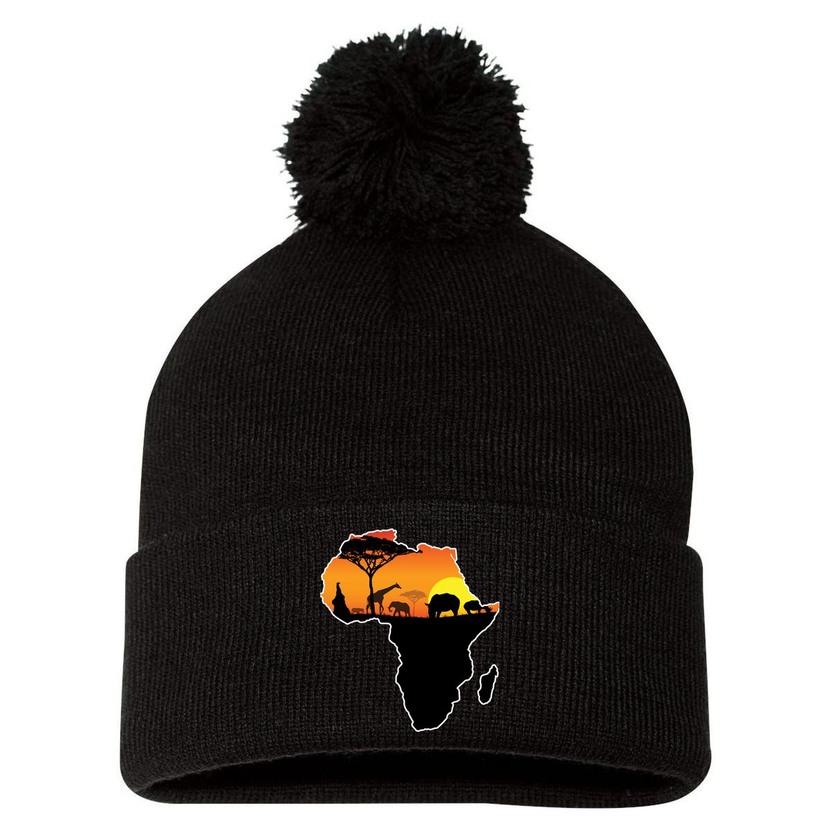 African Animals Pom Pom 12in Knit Beanie