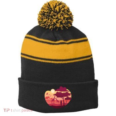 African Landscape Stripe Pom Pom Beanie