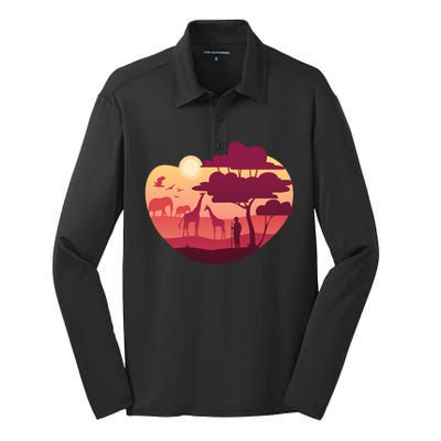 African Landscape Silk Touch Performance Long Sleeve Polo